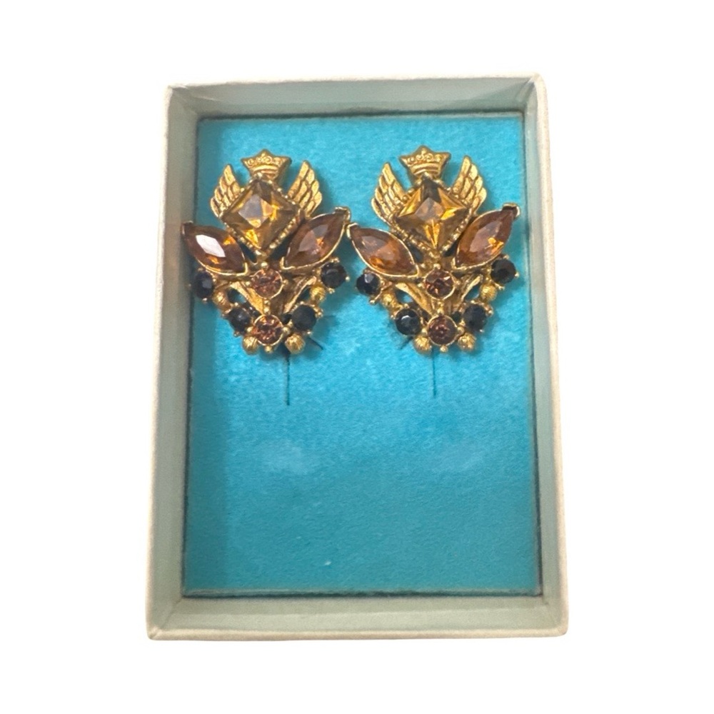 Vintage Florenza  Gold Tone Amber & Jet Rhinestone Clip Earrings